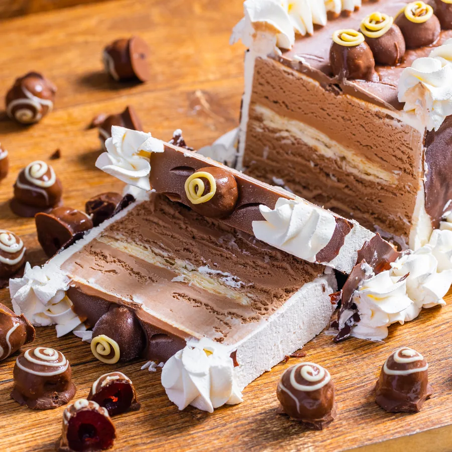 Torta de sorvete Verona cortada, com as camadas de mousse de chocolate